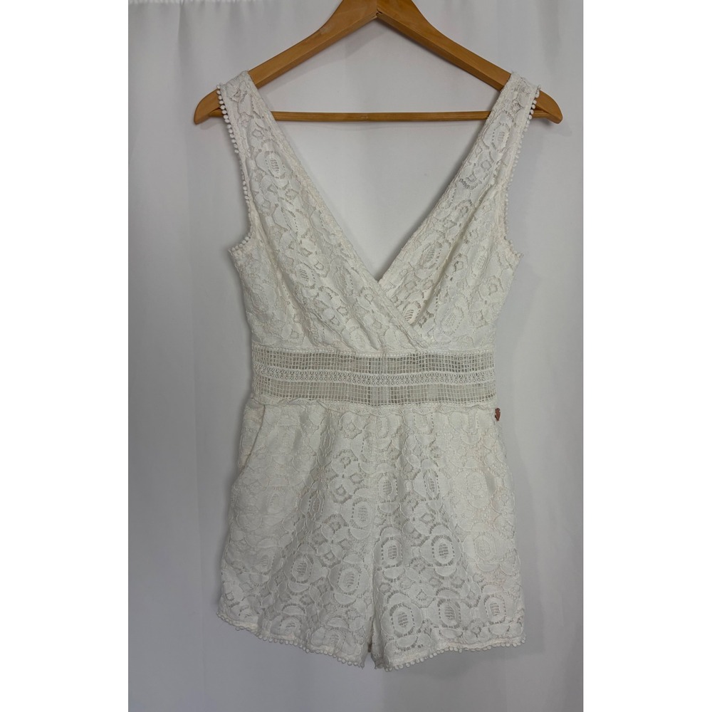 Kendall & Kylie White Boho Floral Lace Romper V-Neck Crochet Waist Bridal Medium